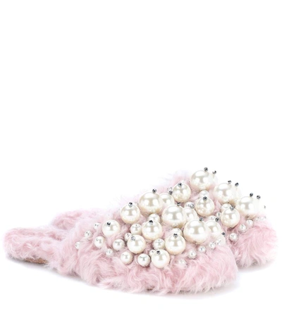 Miu Miu Embellished Faux-fur Slippers In Pink