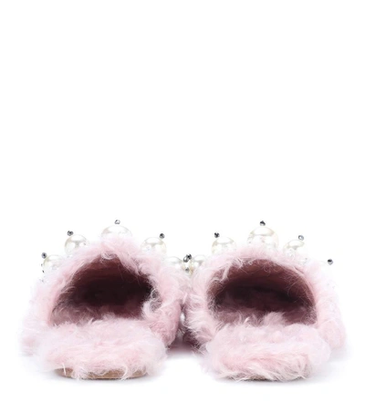 Miu Miu Embellished Faux-fur Slippers In Pink