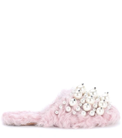 Miu Miu Embellished Faux-fur Slippers In Pink