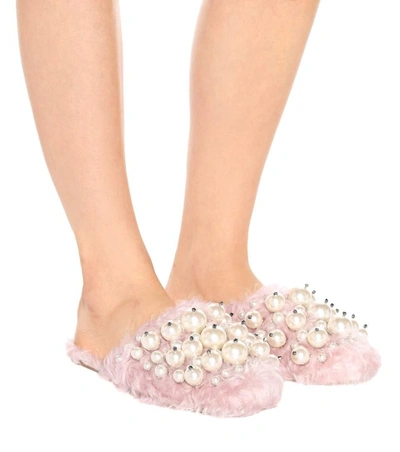 Miu Miu Embellished Faux-fur Slippers In Pink