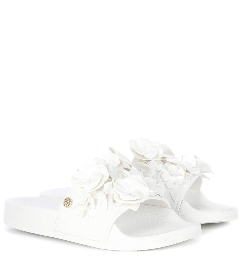 white tory burch slides