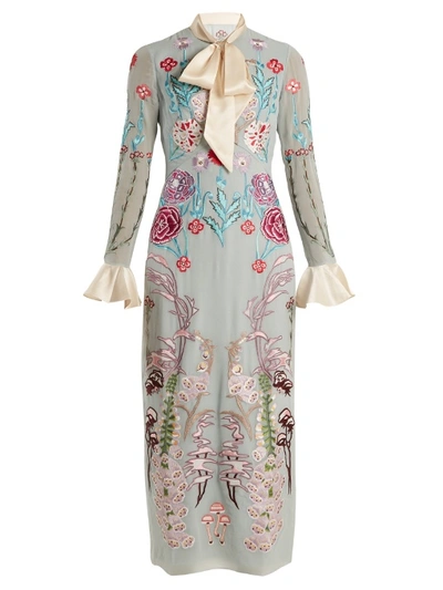 Temperley London Woodland Floral-embroidered Silk-chiffon Dress In Blue Multi