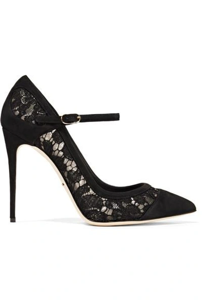 Shop Dolce & Gabbana Suede-paneled Corded Lace And Mesh Pumps In Black