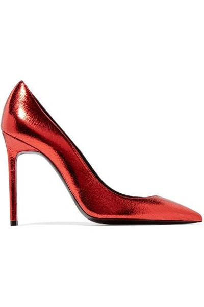 Shop Saint Laurent Anja Metallic Cracked-leather Pumps In Red