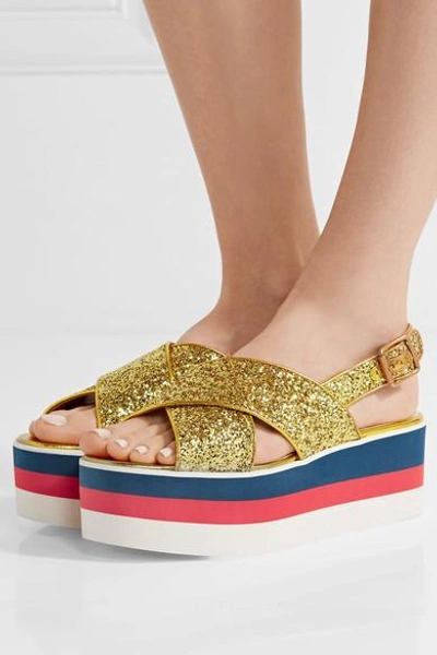 Shop Gucci Glittered Leather Platform Sandals In Gold