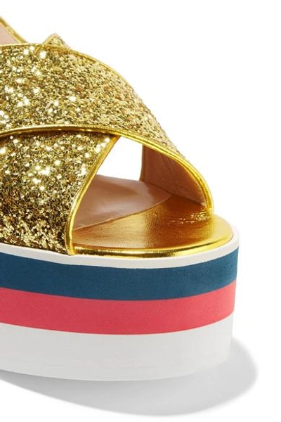 Shop Gucci Glittered Leather Platform Sandals In Gold