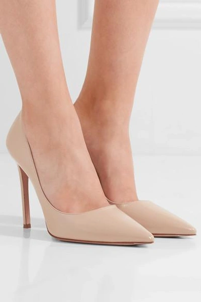 Shop Prada 110 Glossed Textured-leather Pumps In Beige