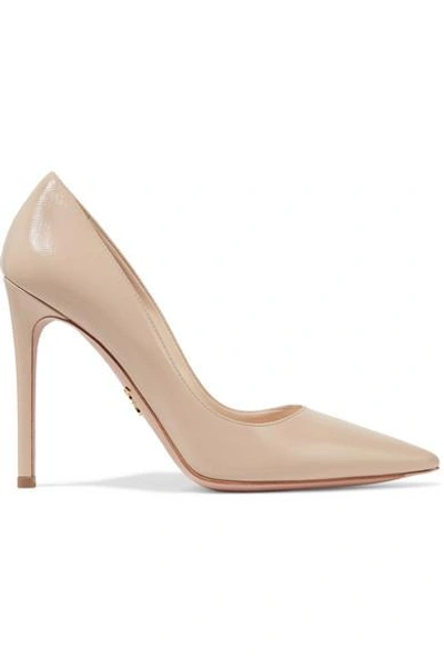 Shop Prada 110 Glossed Textured-leather Pumps In Beige