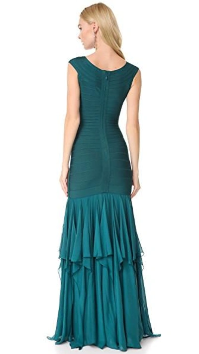 Shop Herve Leger Chiffon Skirt Gown In Slate Teal