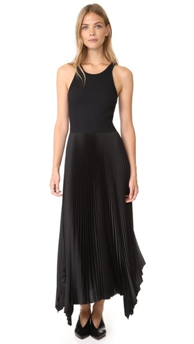 Theory Vinessi Ribbed Stretch knit And Pleated Satin Maxi Dress In