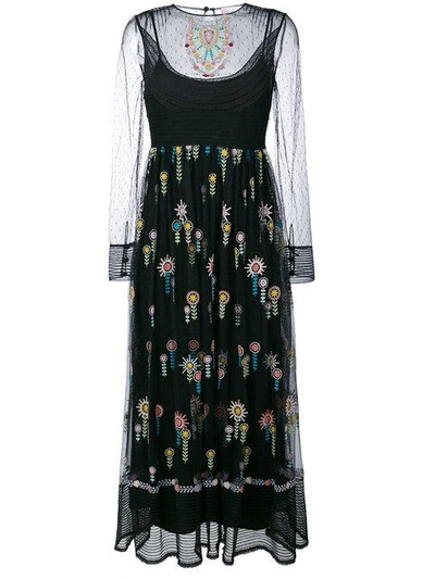 Shop Red Valentino Long-sleeved Embroidered Dress - Black