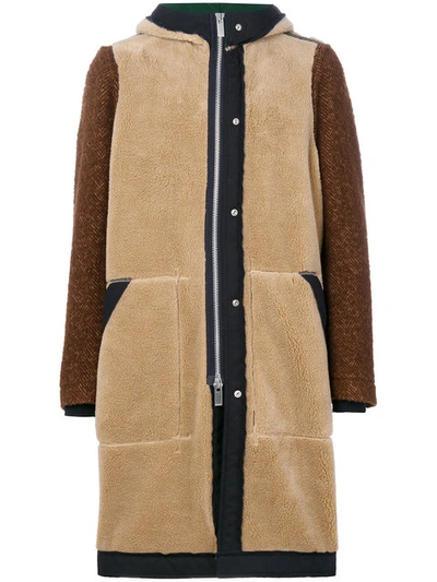 Sacai Ecofourrure And Wool Coat In Beige