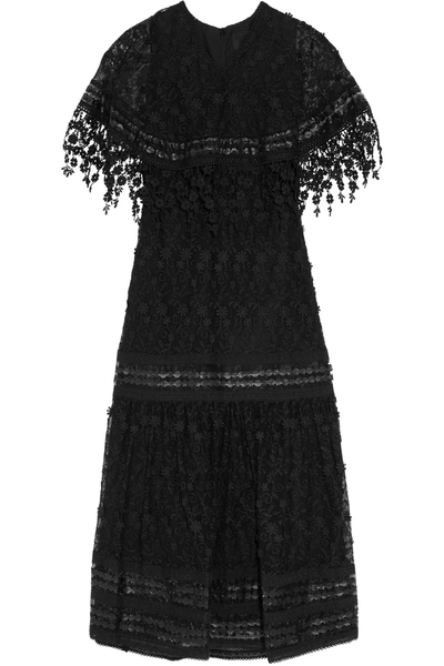 Anna Sui Leather And Guipure Lace-trimmed Embroidered Mesh Maxi Dress