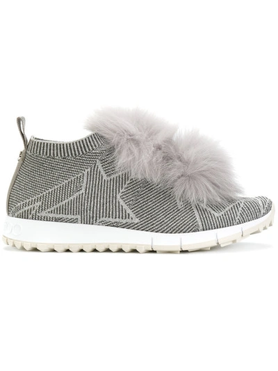Jimmy Choo Norway Moonstone Knit And Lurex Trainers With Silver Fur Pom Poms In Moonstone/silver
