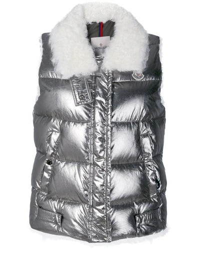 Moncler Kerria Shearling-trimmed Metallic Quilted Cotton Down Vest In Silver