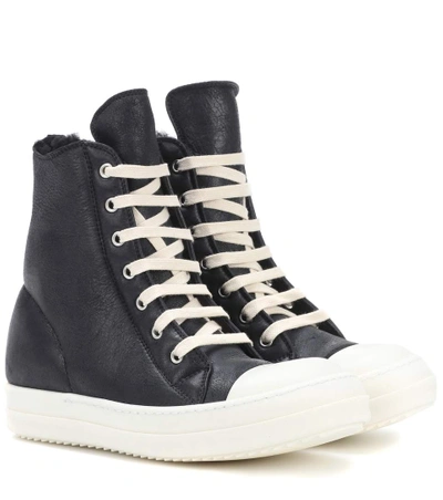 Shop Rick Owens Shearling-lined Leather Sneakers In Llack