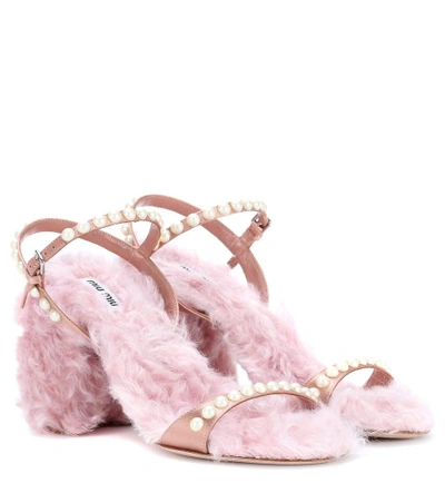 Shop Miu Miu Faux Fur-trimmed Satin Sandals In Pink