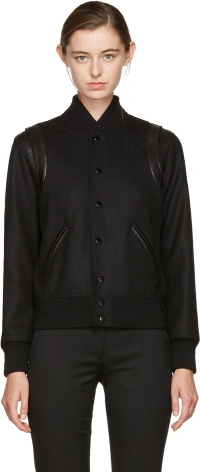Shop Saint Laurent Black Tonal Wool Teddy Bomber Jacket In 1000 Black