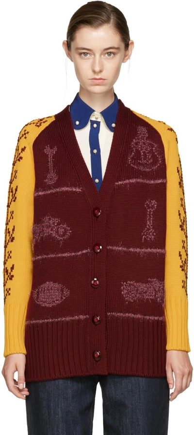 Shop Miu Miu Red And Yellow Oversized Wool Cardigan In F0007 Bordeaux