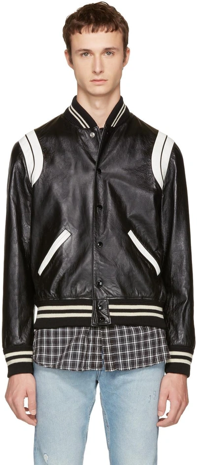 Saint Laurent Black & White Leather Teddy Bomber Jacket