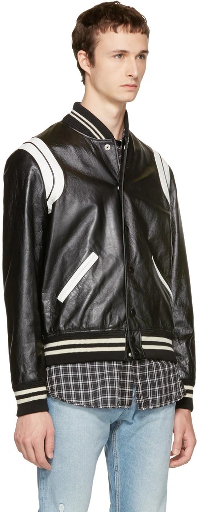 Shop Saint Laurent Black & White Leather Teddy Bomber Jacket