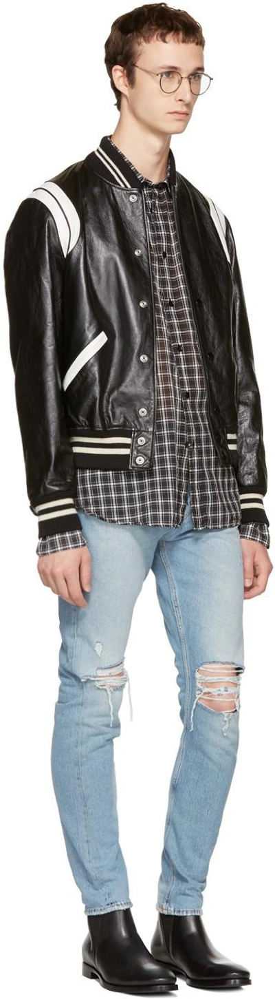 Shop Saint Laurent Black & White Leather Teddy Bomber Jacket