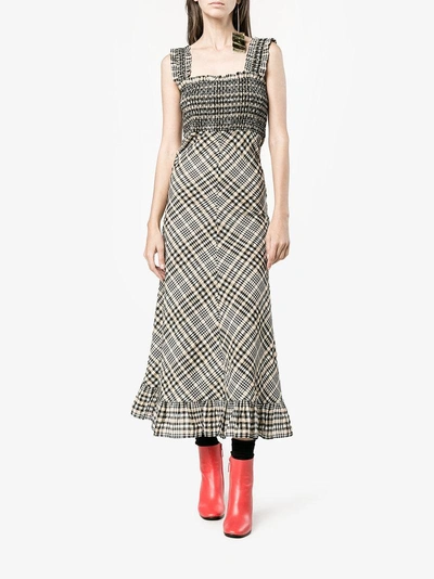 Ganni Charron Checked Cotton-blend Seersucker Maxi Dress In Nude & Neutrals