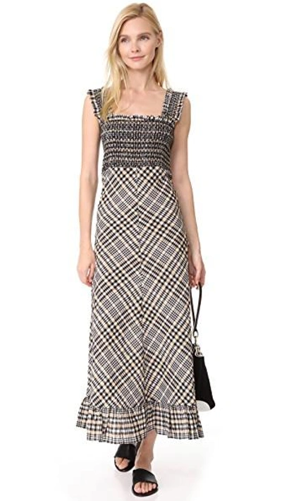 Ganni Charron Checked Cotton-blend Seersucker Maxi Dress In Cuban Sand