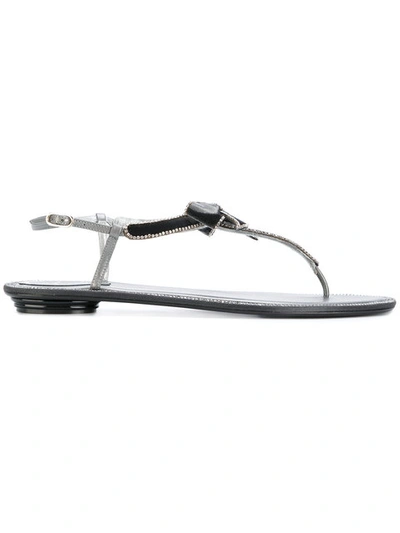 René Caovilla Bow Embellished Flat Sandals In Dark Grey | ModeSens