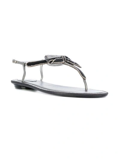 René Caovilla Bow Embellished Flat Sandals In Dark Grey | ModeSens