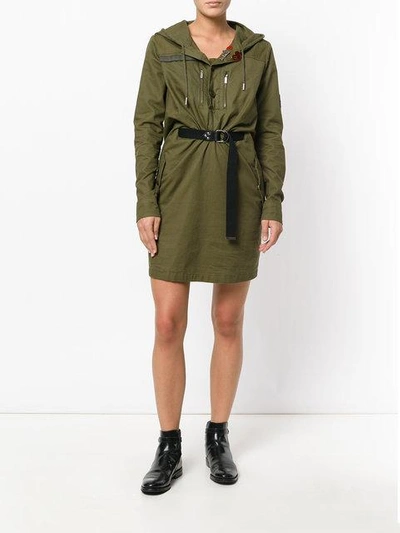 Shop Saint Laurent Hooded Belted-waist Mini Dress In Green