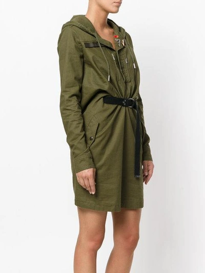 Shop Saint Laurent Hooded Belted-waist Mini Dress In Green