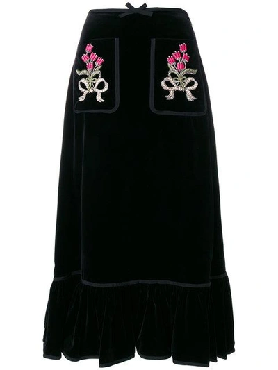 Shop Gucci Floral Embroidered Midi Skirt - Black