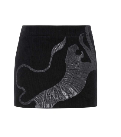 Saint Laurent Leather Tiger Patch Mini Skirt In Black Corduroy