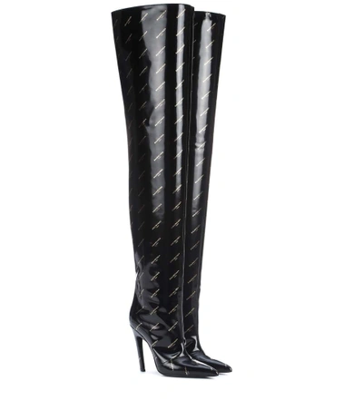 Balenciaga Black Patent All Over Logo Heeled Over-the-knee Boots