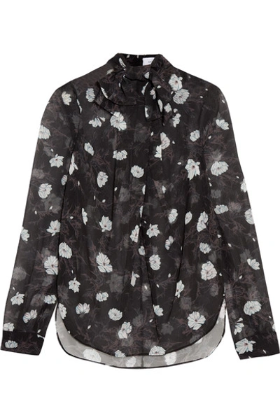 Carven Pussy-bow Floral-print Chiffon Blouse In Black