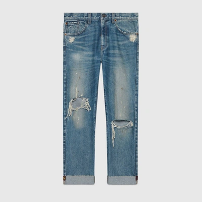 Shop Gucci Denim Pant With Embroidered Ribbon In Denim, Blue
