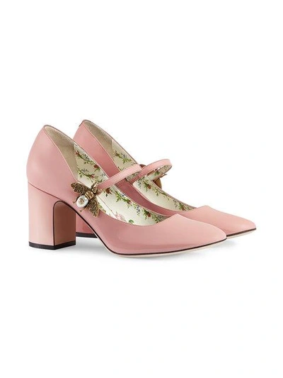 Shop Gucci Patent Leather Mid-heel Pump With Bee - Pink