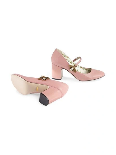 Shop Gucci Patent Leather Mid-heel Pump With Bee - Pink