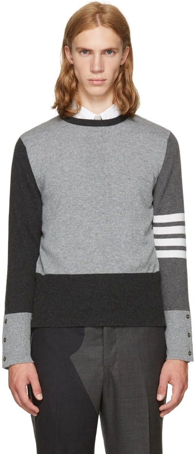 Shop Thom Browne Grey Classic Four Bar Funmix Crewneck Sweater