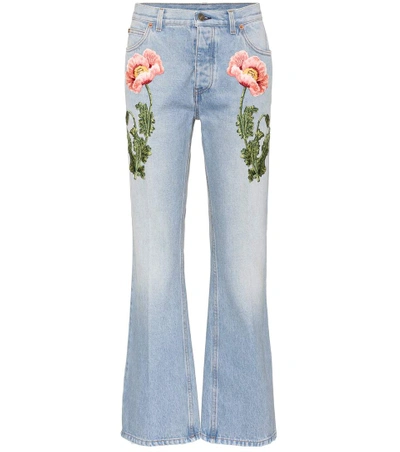 Gucci Flower-embroidered Straight-leg Jeans In Light Blue