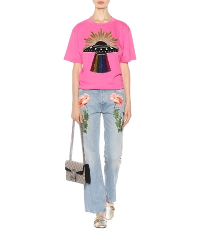 Shop Gucci Embroidered Flared Jeans In Blue