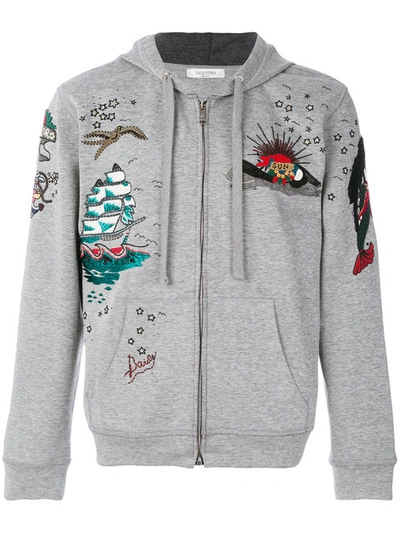 Valentino Embroidered Hoodie In Grey