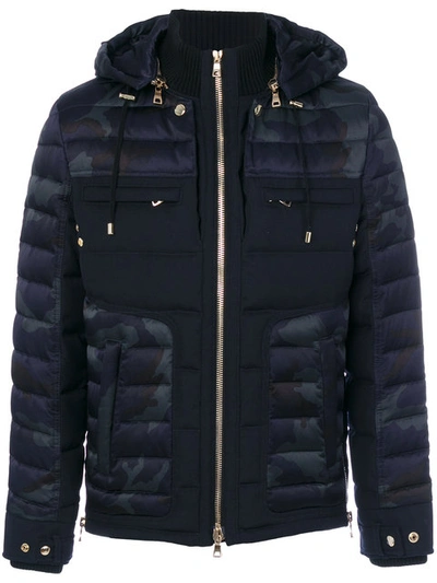 Balmain Camo-print Quilted Shell And Wool Jacket In Navy