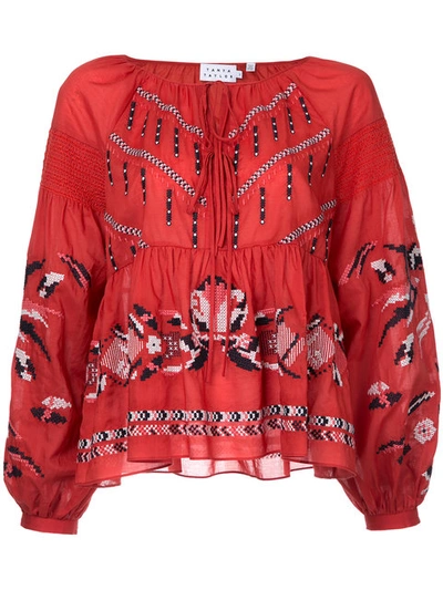 Tanya Taylor Embroidered Peasant Blouse In Red | ModeSens