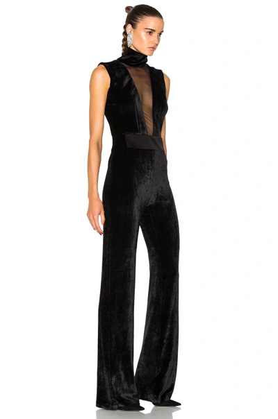 Shop Galvan Velvet Plunge Jumpsuit With High Neck In Black