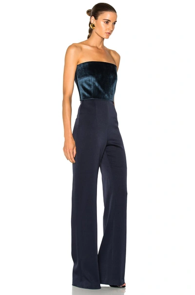 Shop Galvan Strapless Velvet Jumpsuit In Blue