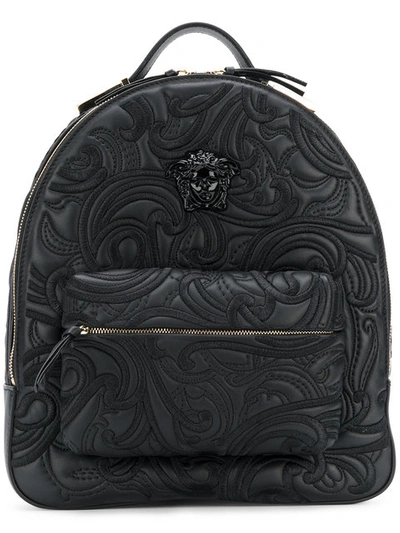 Versace Embroidered Embossed Backpack In Black