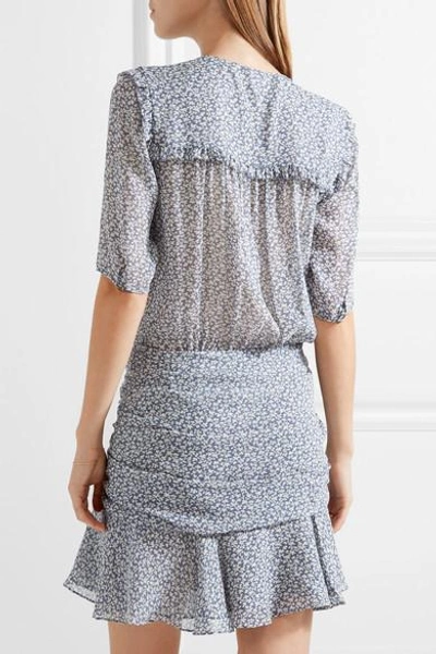 Shop Veronica Beard Dakota Ruched Printed Silk Chiffon Mini Dress In Light Blue