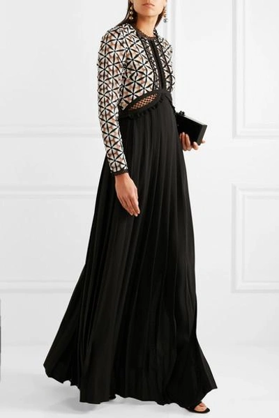 Shop Self-portrait Guipure Lace And Pleated Crepe Gown In Black